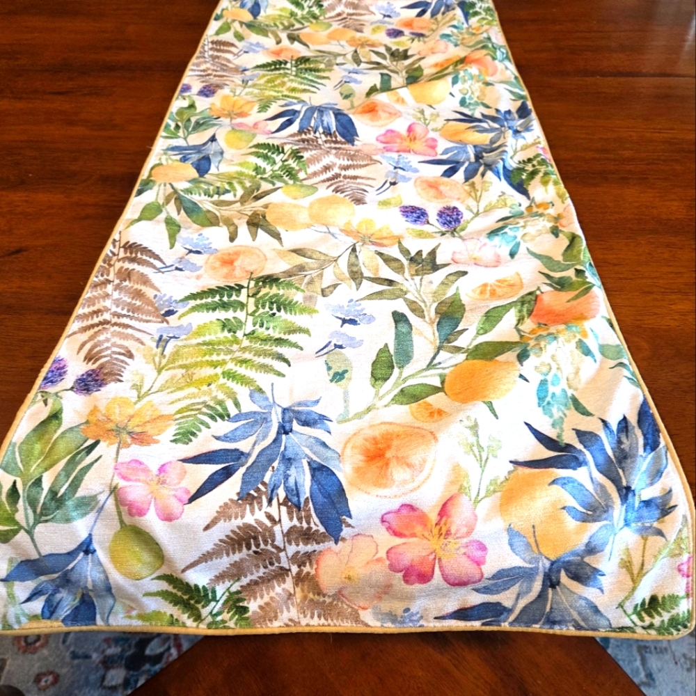 Summer Table Runner Lemons Botanical Nicole Miller 72×16 Lined Green Yellow Blue